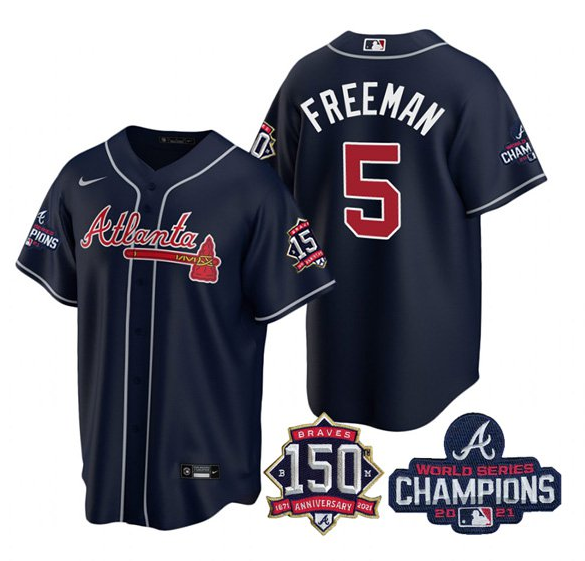 Men's Atlanta Braves #5 Freddie Freeman 2021 Navy World Series Champions With 150th Anniversary Patch Cool Base Stitched Jersey Men's Atlanta Braves #5 Freddie Freeman 2021 Navy World Series Champions With 150th Anniversary Patch Cool Base Stitched Jersey